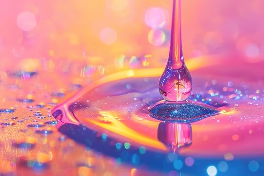 drop of water falling on a surface with a rainbow background. water droplet is surrounded by glittery effect, giving image dreamy and ethereal quality