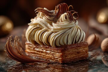 Decadent Layered Pastry with Swirled Cream and Elegant Chocolate Curls on Reflective Surface.