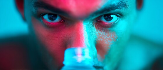 Athlete holding water bottle with light glare, refreshment, motivation, energy concept