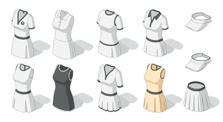 Stylish women’s tennis clothing collection in isometric design for sports enthusiasts