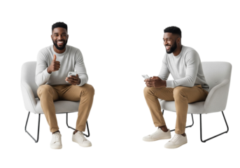 Smiling Young African American Man Sitting in Armchair, Holding Phone and Giving Thumbs Up, Isolated on White Background