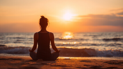 woman meditating on the beach at sunset