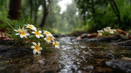 White and yellow frangipani flowers by clear tropical forest stream with green mossy rocks serene spa nature background for relaxation and wellness concepts