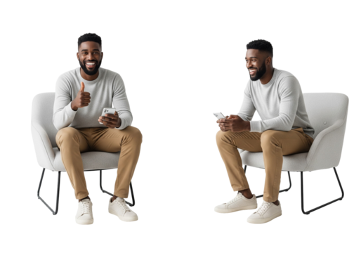 Smiling Young African American Man Sitting in Armchair, Holding Phone and Giving Thumbs Up, Isolated on White Background
- Powered by Adobe