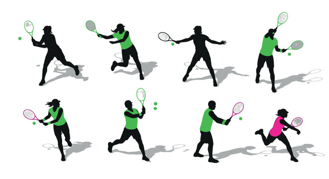 Dynamic tennis silhouettes: athletic men and women in action poses