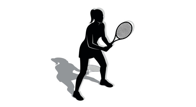 Tennis player silhouette with racket and shadow in action pose on white background