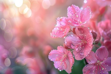 close up of pink flower with dew drops on it. flower is surrounded by blurry background, giving it dreamy and ethereal feel