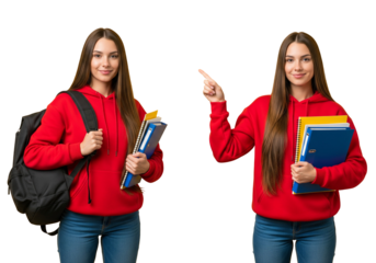 Smiling Young Female Student with Backpack and Folders Pointing and Presenting Information Isolated on White