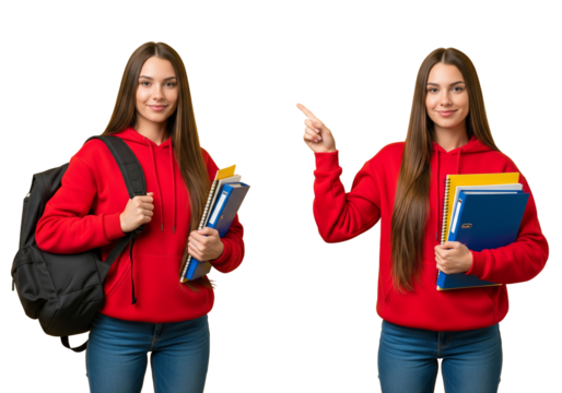 Smiling Young Female Student with Backpack and Folders Pointing and Presenting Information Isolated on White