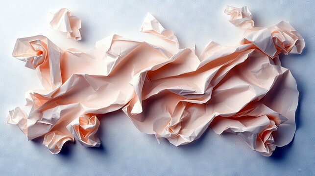 A collection of crumpled pieces of light pink paper are arranged in an abstract, flowing pattern on a light blue surface. - Powered by Adobe