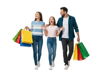 Excited Family of Three Walking Together and Carrying Colorful Shopping Bags, Isolated on White Background
