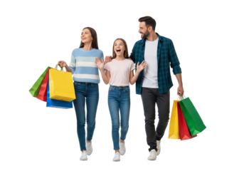 Excited Family of Three Walking Together and Carrying Colorful Shopping Bags, Isolated on White Background