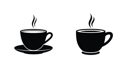 Two black coffee cups with steam rising simple illustration in black and white