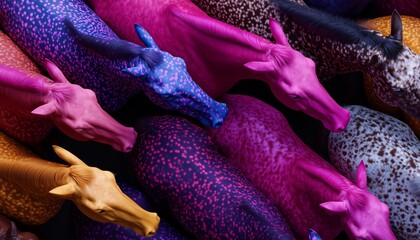 Vibrant artistic depiction of horses featuring bold, colorful patterns and surreal designs, showcasing unique creativity and vivid imagination.