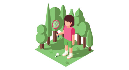 Fototapeta premium Isometric illustration of a child playing badminton in a forest setting