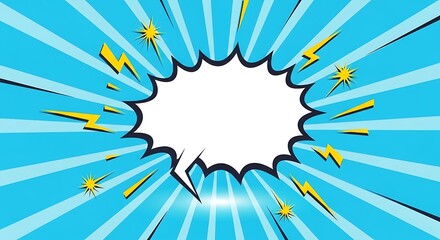 Comic book style speech bubble with rays and lightning bolts on blue