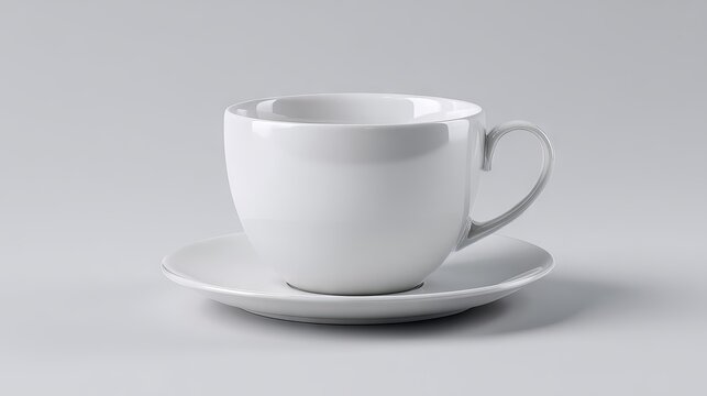White ceramic coffee cup and saucer mockup on clean minimalist background for branding design cafe logo presentation and modern social media marketing visuals