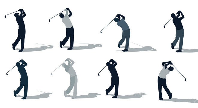 Silhouette golf swing set: dynamic poses capturing sport precision