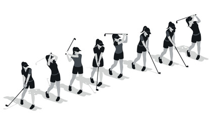 Fototapeta premium Isometric female golfer swing sequence in monochrome style