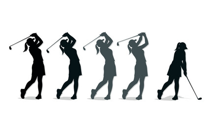 Silhouette of female golfer swing sequence capturing movement and elegance