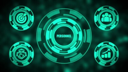 Teal futuristic interface with Personnel text and four circular data readouts technology display - Powered by Adobe