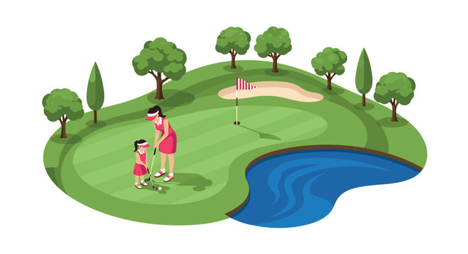 Mother and daughter playing golf on a sunny day at a beautiful course