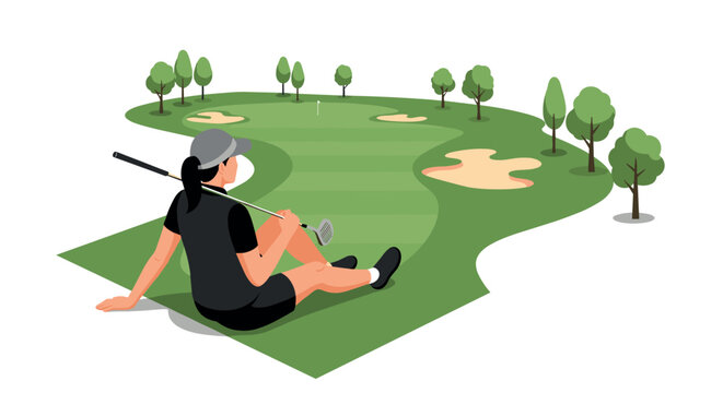 Female golfer relaxing on golf course with club and trees in background