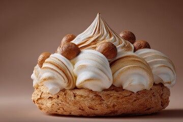 Exquisite Hazelnut Meringue Dessert - Creamy Swirls and Crispy Base on Brown Backdrop.
