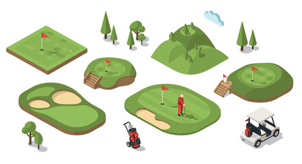 Isometric golf course with player and cart on green landscape