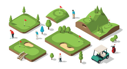 Isometric golf course set with players and equipment