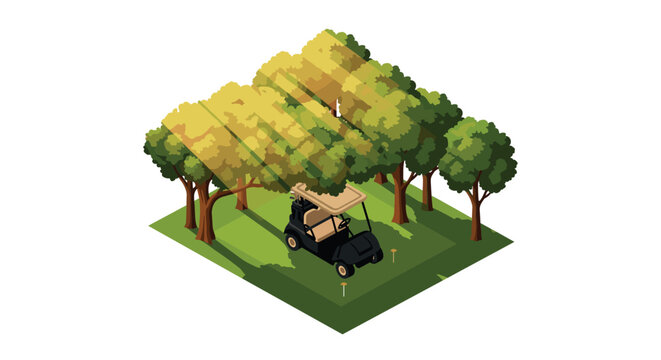 Isometric golf cart under sunlit forest canopy - Powered by Adobe