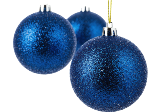 three reflective, royal sapphire blue glitter christmas bauble ornaments suspended by thin gold strings in a high-key macro studio setup. concept of elegant festive atmosphere