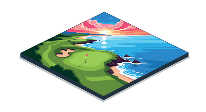 Colorful isometric golf course at sunset by the ocean