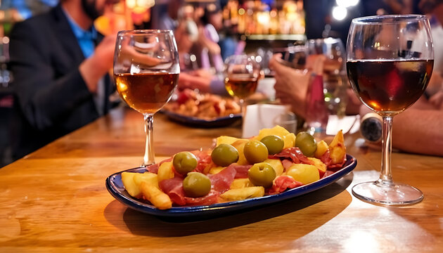 Close up of wine glasses and a tapas plate on a wooden bar with people in the background blurred out