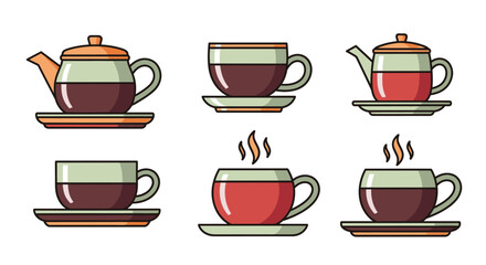 A collection of illustrated teapots cups and saucers in various styles