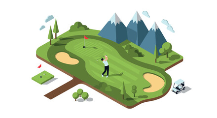 Obraz premium Isometric golf course design with mountains, trees, and cart