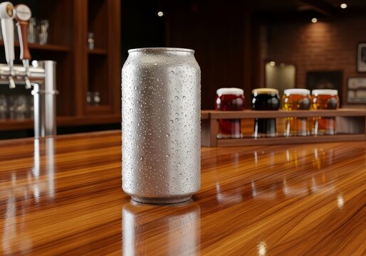 A silver can with condensation sitting on a wooden bar top with beer taps and flights in background - Powered by Adobe