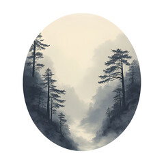 Circle with forest trees in fog. Contains hieroglyphs - eternity, freedom, happiness. Traditional oriental ink painting sumi-e, u-sin, go-hua
