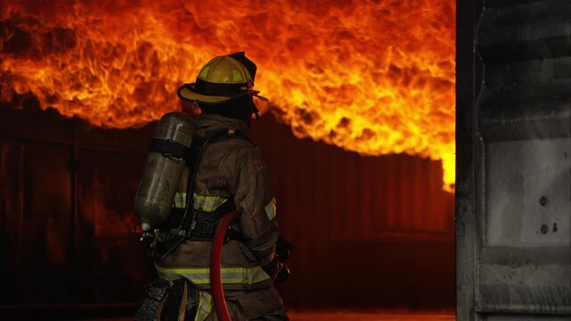 A firefighters in full protective gear work to extinguish a massive blaze, surrounded by intense flames and smoke