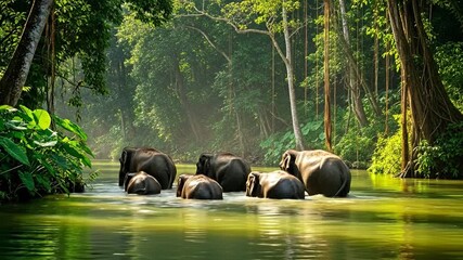 Majestic Asian elephants wade through lush river in vibrant tropical forest
