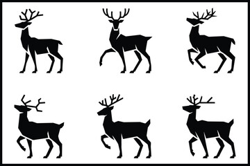 Fototapeta premium Various elegant black deer silhouettes with antlers on white. isolated on white background, Vector