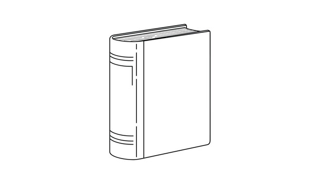 Minimalist black and white line art of a single, thick hardcover book standing upright, with simple decorative bands on its spine.