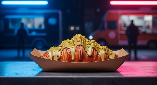 Gourmet Croissant with Thick Pistachio Glaze and Crushed Nuts, Served in a Cardboard Food Tray at Night, Featuring Out-of-Focus Food Trucks and Vibrant Neon Blue/Red Lighting