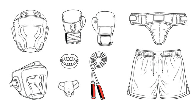 Comprehensive collection of boxing equipment and accessories in a clean black and white line art style, including gloves, headgear, shorts, and a jump rope.