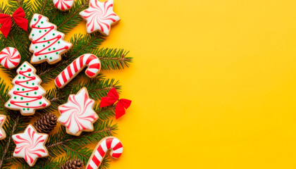 A spruce branch with Christmas gingerbread cookies on a bright yellow background. Space for greeting text and your advertising.