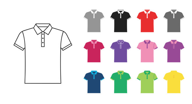 Versatile men's polo shirt template shown in a clean outline and a palette of twelve different vibrant color options for fashion design.