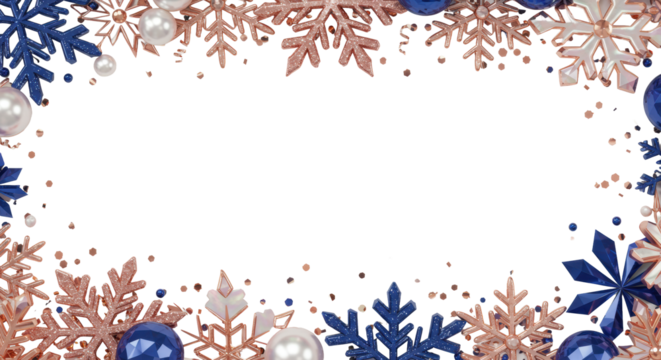 Intricate seamless winter pattern of iridescent pearl, glittering rose gold, and deep sapphire blue snowflakes framing transparent copy space area. Concept of festive refined elegance