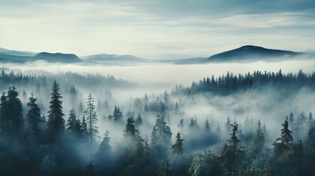misty forest with trees and mountains in the background. sky is cloudy and trees are covered in fog