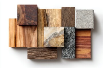 Diverse Natural Wood and Stone Material Samples Artfully Arranged on White for Design.