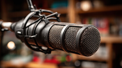 Close up of professional dynamic microphone with metal mesh head and shock mount attached on adjustable arm with colorful blurred background indoors studio recording
